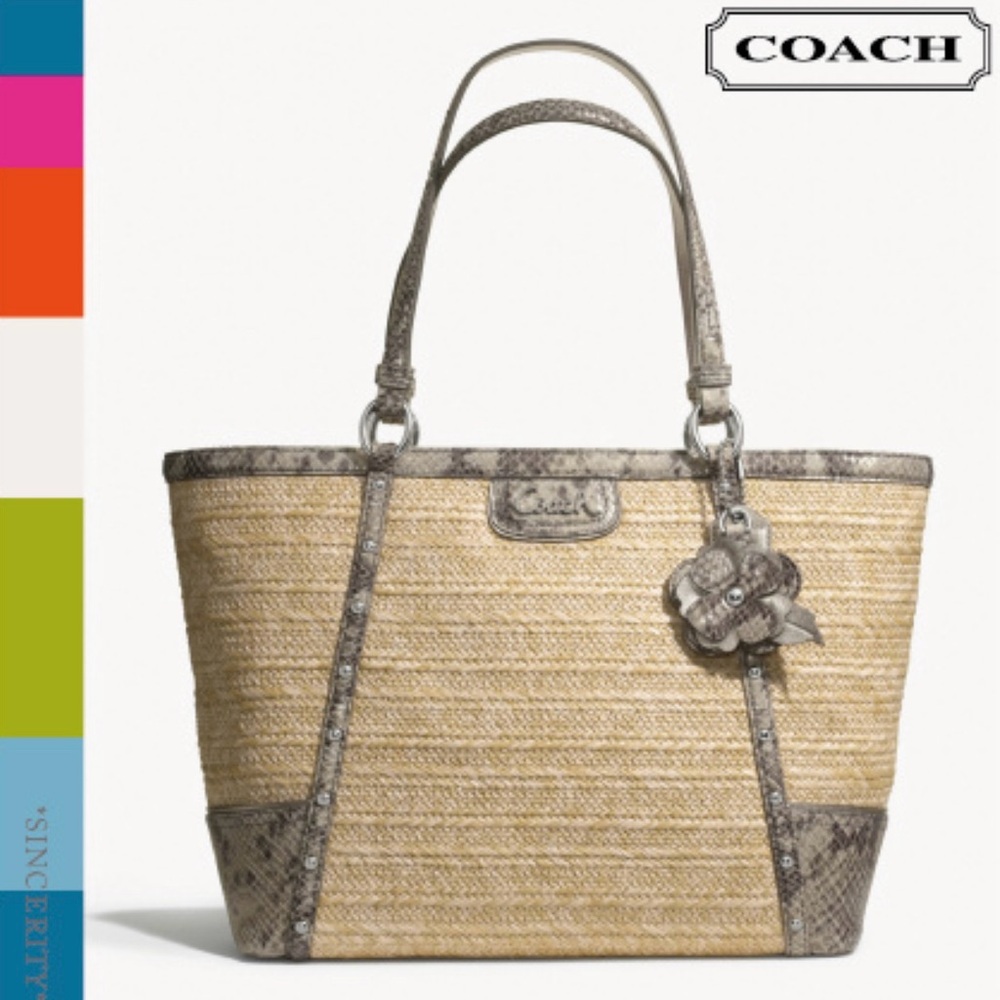 Coach Vintage Straw Tote With Python Leather Trim - image 1